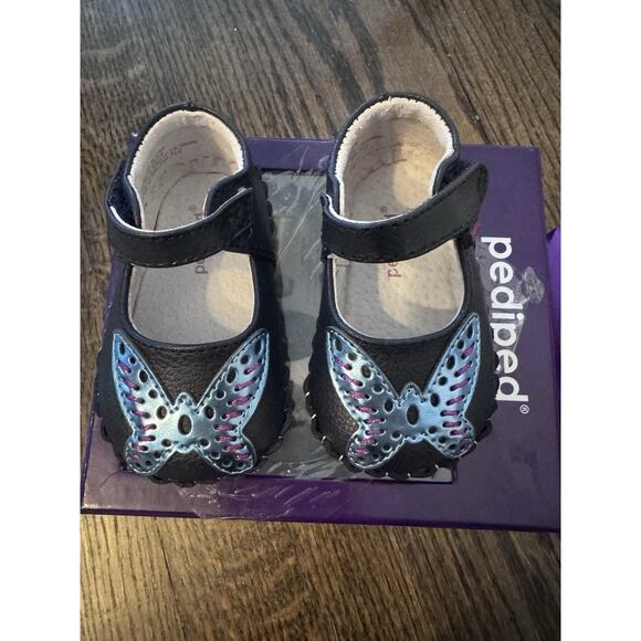 PediPed Infant 0-6 Month Mary Janes Navy Blue Leather Dress Shoes Butterfly NWT - Picture 1 of 12